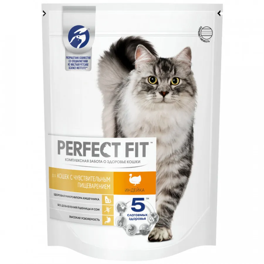 Сухой корм Perfect Fit Sensitive для кошек с чувствительным пищеварением с индейкой 650г