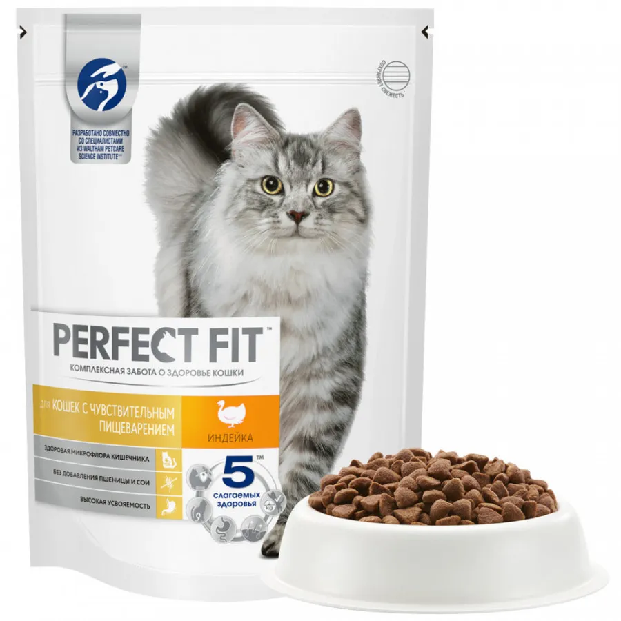 Сухой корм Perfect Fit Sensitive для кошек с чувствительным пищеварением с индейкой 650г