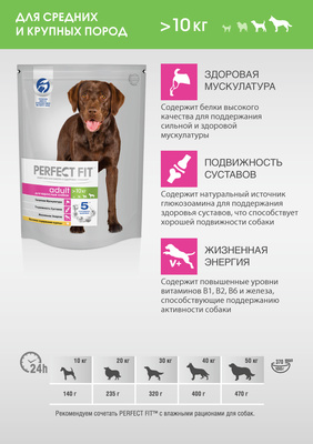 Корм сухой Perfect Fit для взрослых собак средних и крупных пород, с курицей 1,4 кг