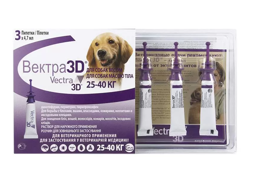 Вектра 3D капли на холку для собак 25-40кг инсектоакарицидные, 1 пипетка 4,7 мл
