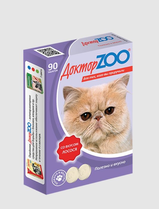 Мультивитамины для кошек Доктор ZOO со вкусом лосося и биотином, 90 таб