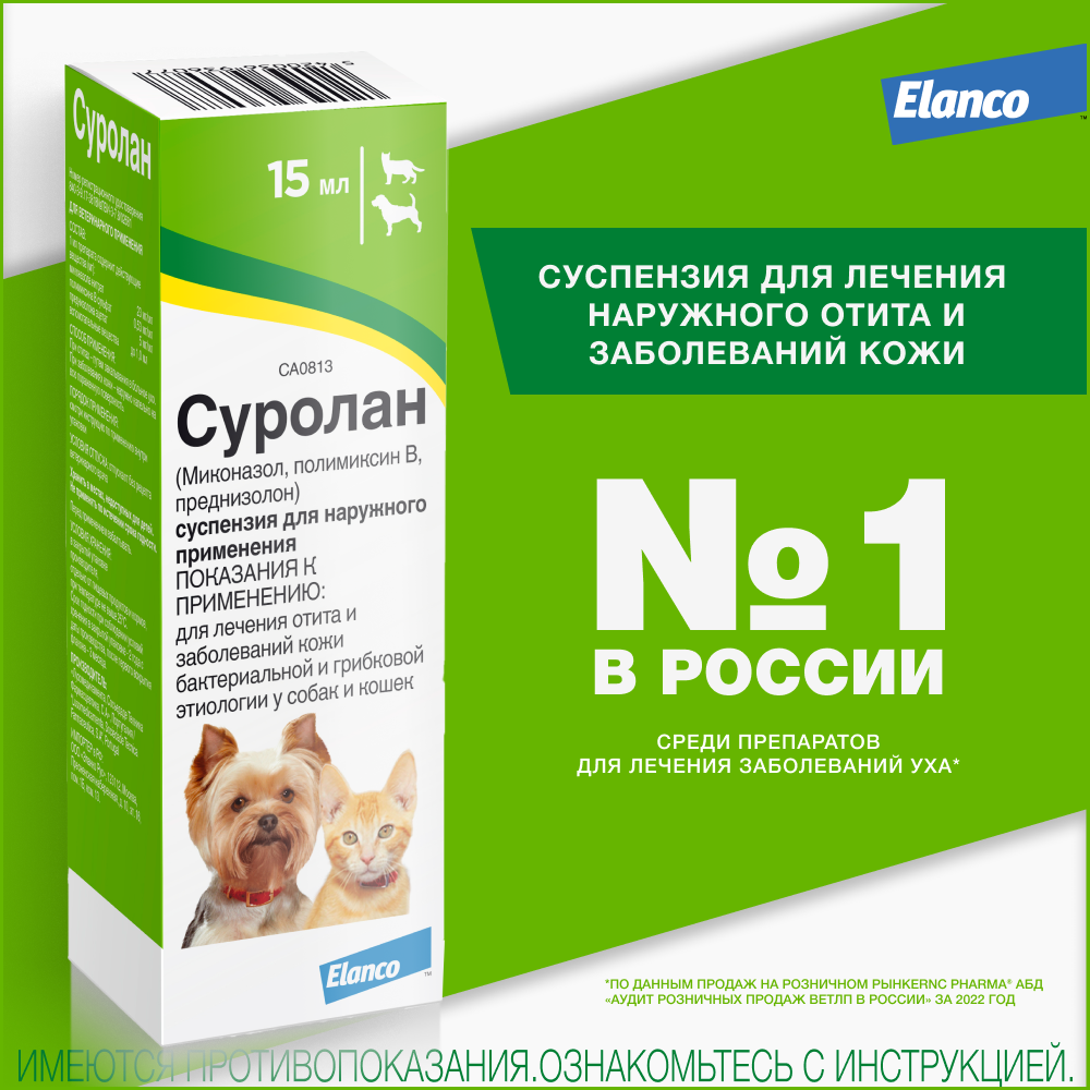 Суролан суспензия для лечения наружного отита и заболеваний кожи бактериальной и грибковой этиологии у кошек и собак – 15 мл