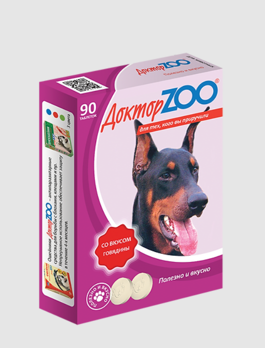Мультивитамины для собак Доктор ZOO со вкусом говядины и биотином, 90 таб