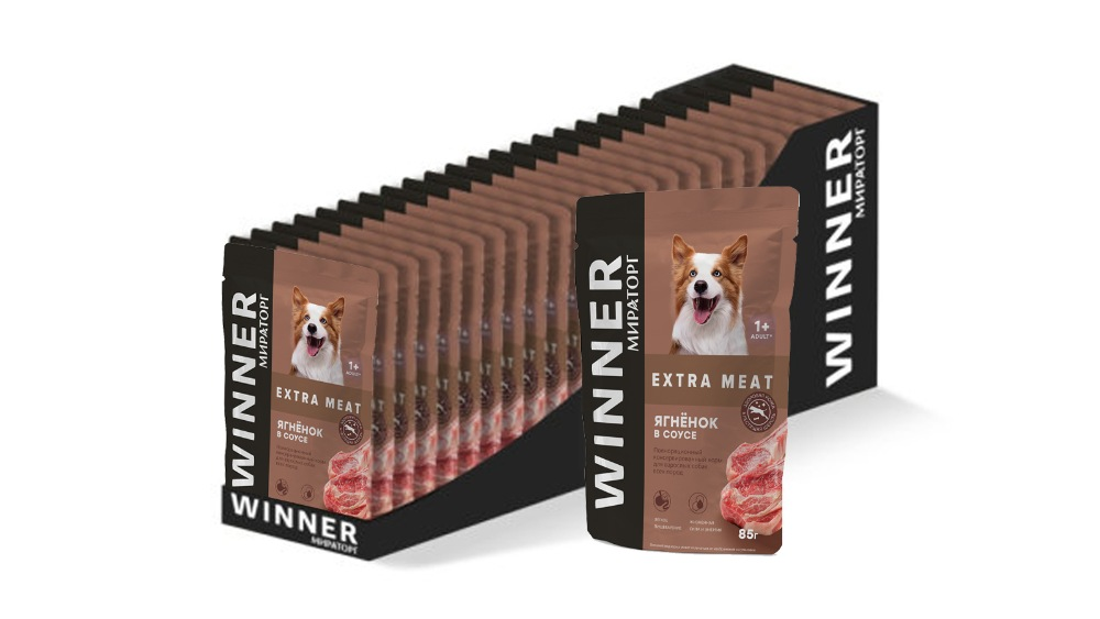 Влажный корм Winner Extra Meat для взрослых собак всех пород, с ягненком в соусе, 85 г