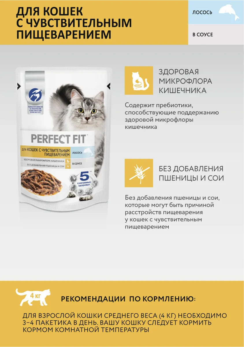 Влажный корм для кошек Perfect Fit для чувствительного пищеварения, с лососем 75 г