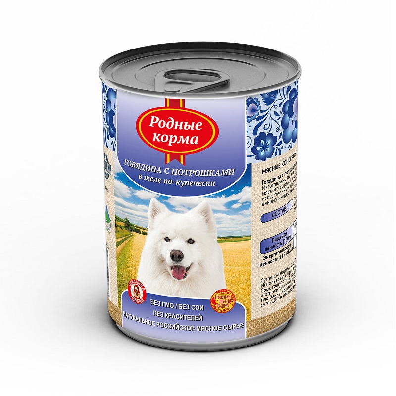 Влажный корм Родные Корма для взрослых собак,  говядина с потрошками в желе по-купечески, 410 гр