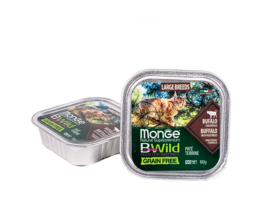 Консервы Monge беззерновые для взрослых крупных кошек,  из буйвола с овощами в паштете, 100 гр.