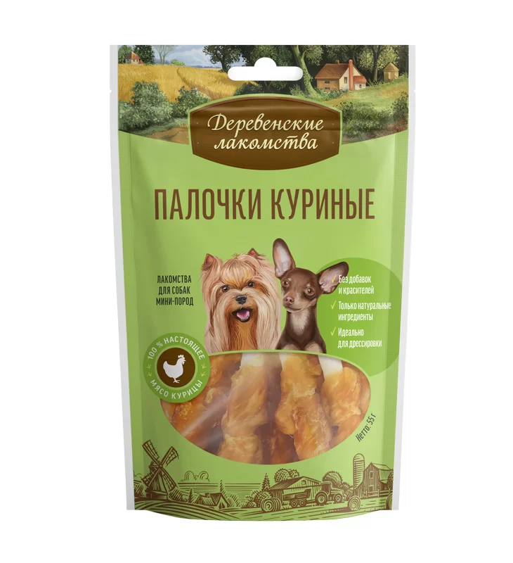 Деревенские лакомства для собак мини-пород, палочки куриные, 55 г