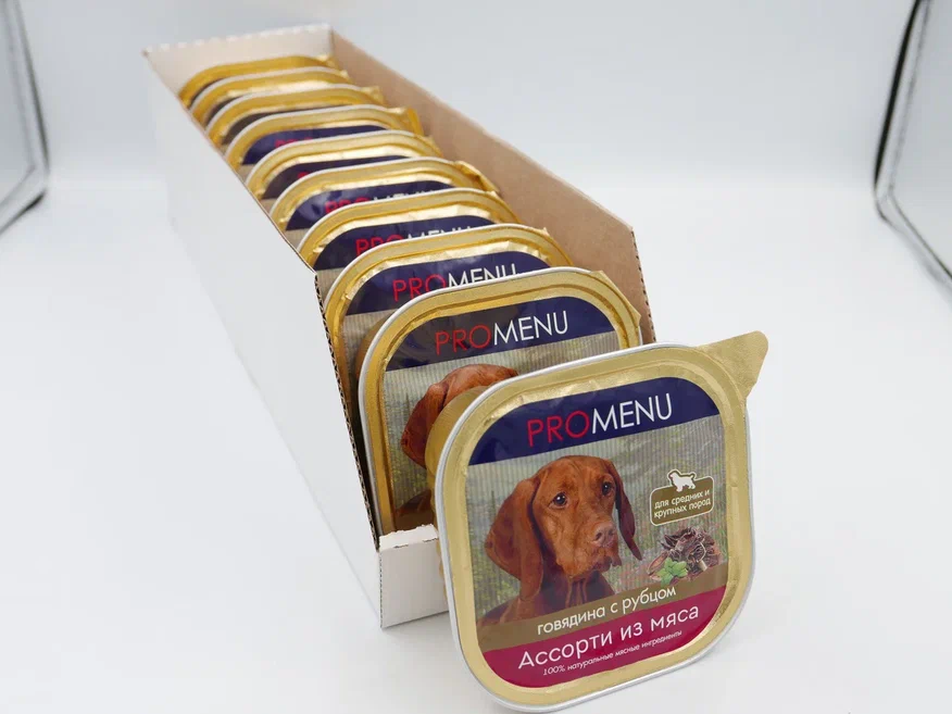 Влажный корм PRO MENU для взрослых собак крупных и средних пород, ассорти из мяса говядины с рубцом, 300 г