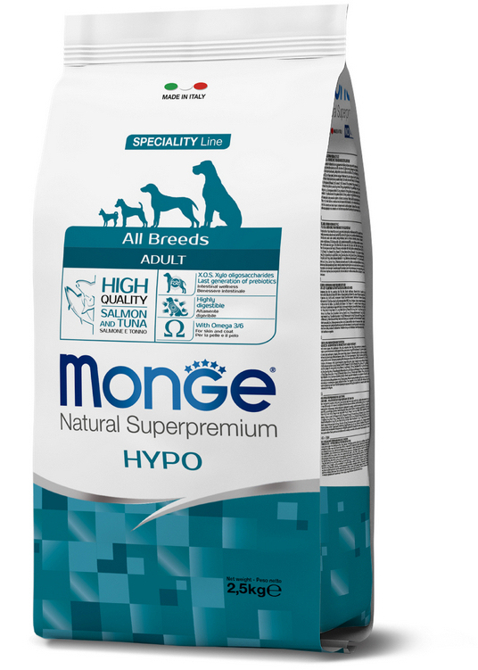 Корм сухой Monge Dog Speciality Hypo для взрослых собак всех пород, с лососем и тунцом, 2.5 кг