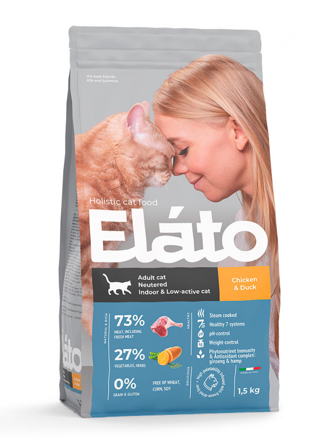 Корм сухой Elato Holistic Сat для взрослых стерилизованных кошек, с курицей и уткой 1,5 кг