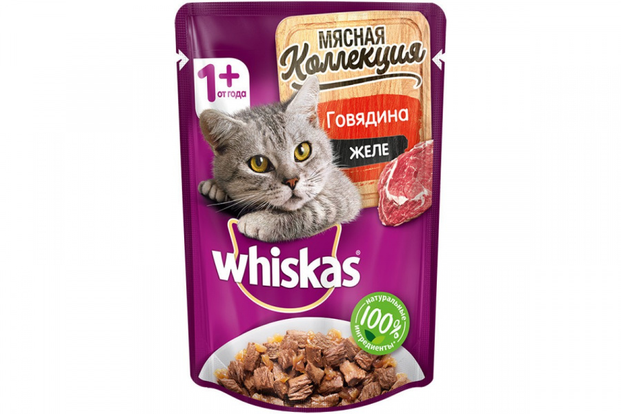 Влажный корм Whiskas Meaty для взрослых кошек с говядиной в желе, 75 г