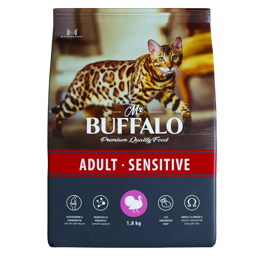 Сухой корм MR.BUFFALO SENSITIVE для взрослых кошек, с чувствительным пищеварением, с индейкой 1,8 кг