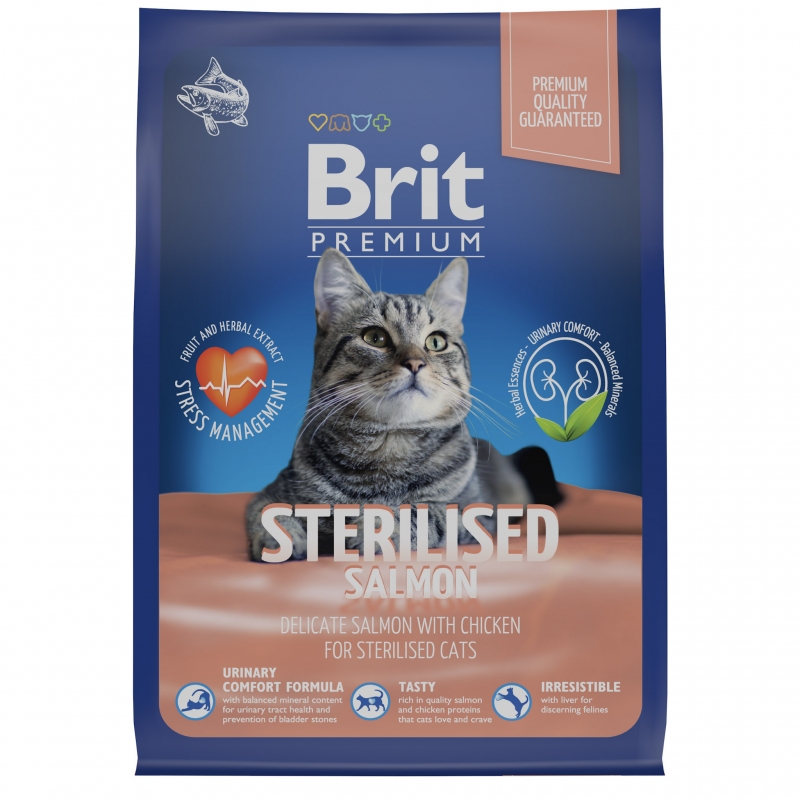 Сухой корм для взрослых стерилизованных кошек Brit Premium с лососем и курицей, 800 г