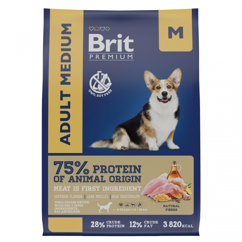 Сухой корм для собак средних пород Brit Premium Dog Adult Medium с курицей 1 кг