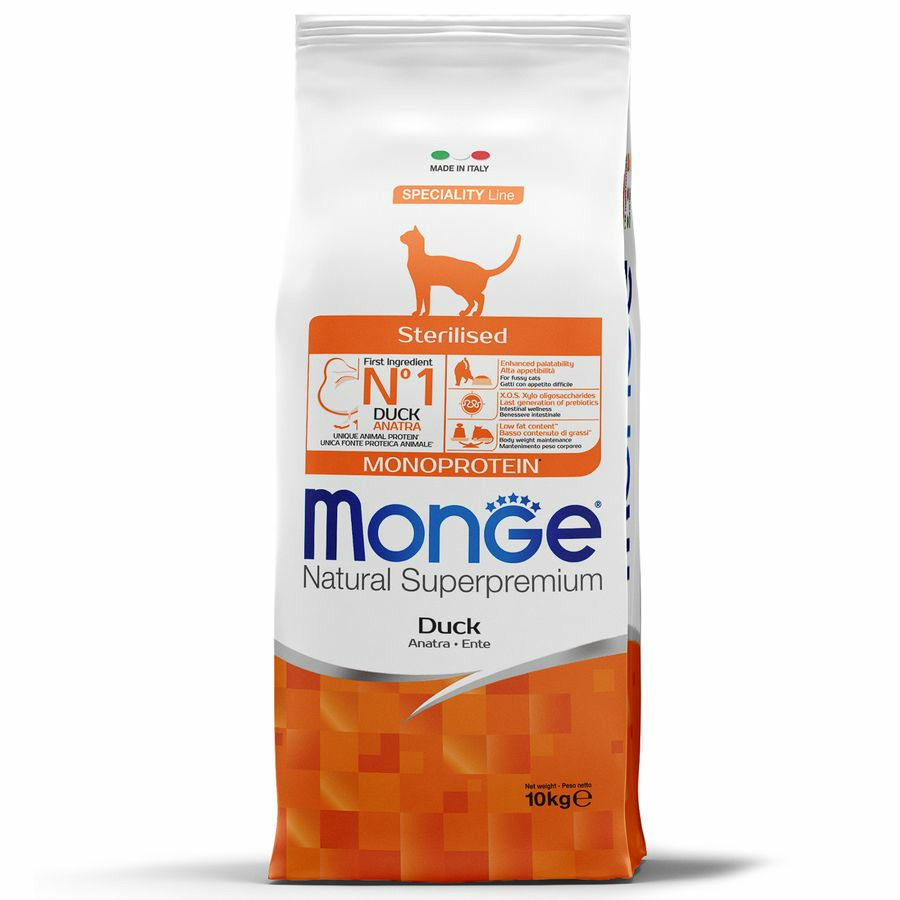Корм сухой Monge Cat Monoprotein Sterilised для взрослых стерилизованных кошек, с уткой, 10 кг