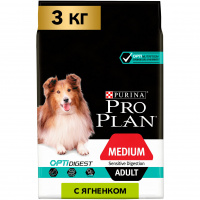 Сухой корм Pro Plan для взрослых собак средних пород с чувствительным пищеварением, с ягненком и рисом, 3 кг