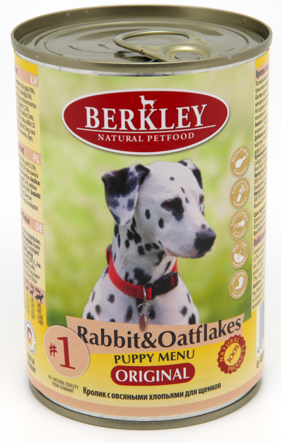 Консервы для щенков BERKLEY №1 с кроликом и овсяными хлопьями, 400г