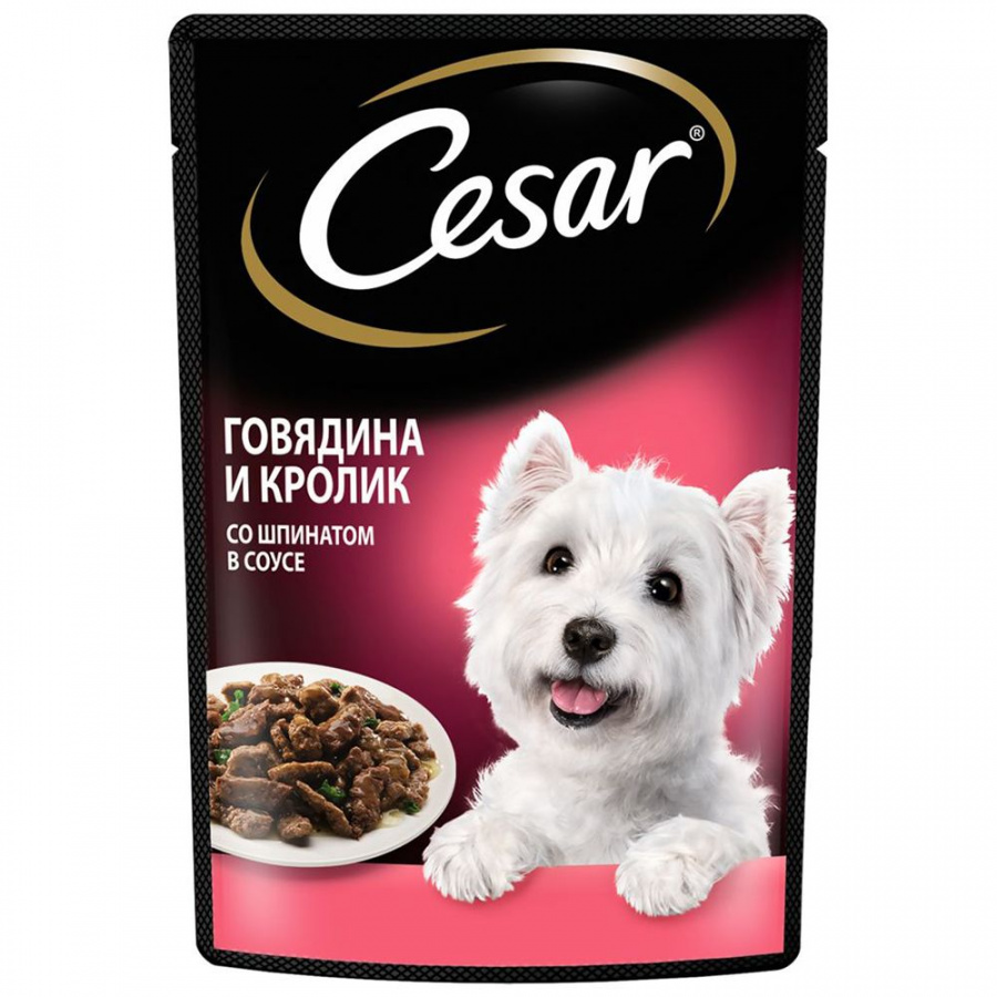 Влажный корм CESAR для взрослых собак, c говядиной и кроликом со шпинатом в соусе, 85 г