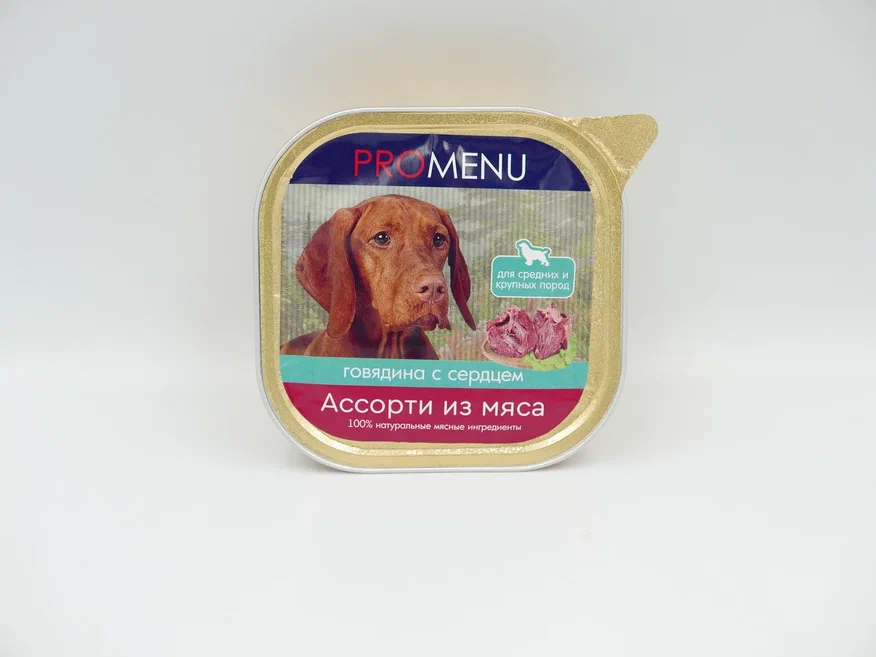 Влажный корм Pro Menu для собак средних и крупных пород, ассорти из мяса говядины с сердцем, 300 г