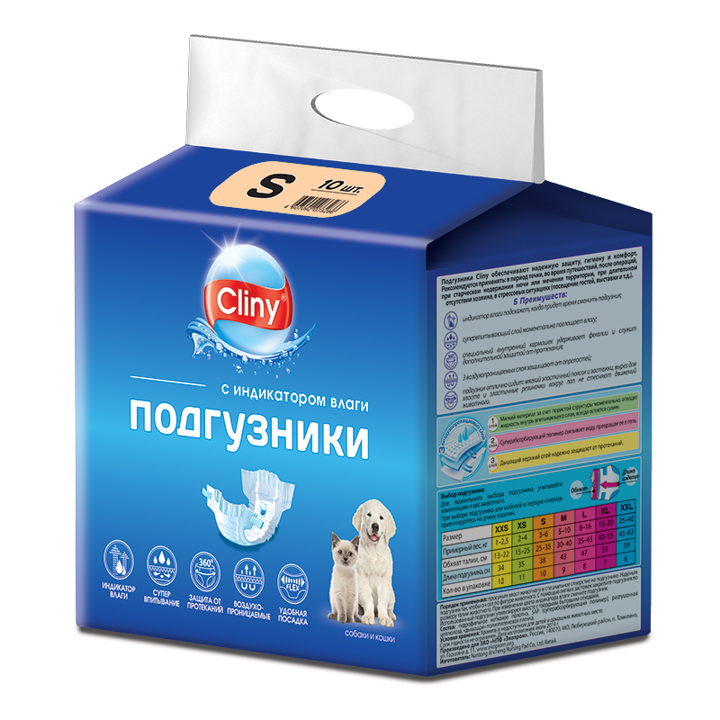 Подгузники Cliny для собак и кошек с отверстием для хвоста (вес: 3-6 кг, талия: 28-35 см) 10 шт/уп