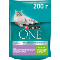 Сухой корм Purina ONE для кошек с чувствительным пищеварением с индейкой и рисом, 200 г