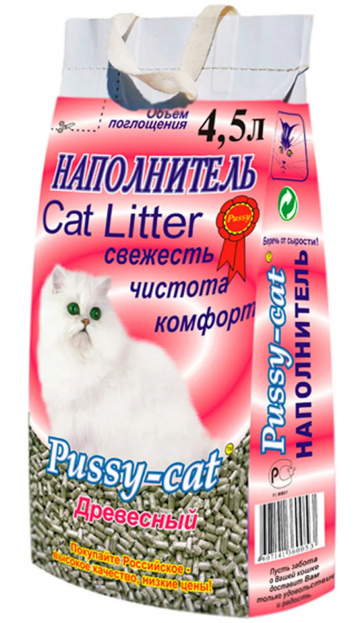 Наполнитель PUSSY-CAT для кошачьего туалета, впитывающий, древесный, 4,5 л.