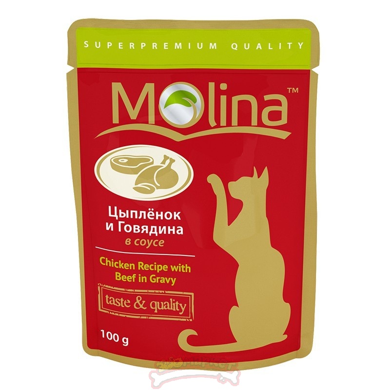 Влажный корм Molina для взрослых кошек, с цыпленком и говядиной в соусе, 100 г