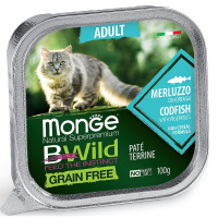 Влажный корм для кошек Monge Cat BWild беззерновой, треска с овощами 100 г