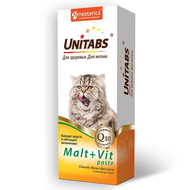 Паста Unitabs "Malt+Vit для кошек с таурином для вывода шерсти, 120 г
