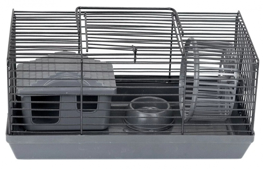 Клетка-мини для грызунов Homepet в комплекте (домик, миска, колесо), цвет серый