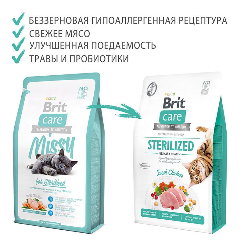 Корм сухой Brit Care Cat GF Sterilized Urinary Health для взрослых стерилизованных кошек, Профилактика МКБ, с курицей, 400 г