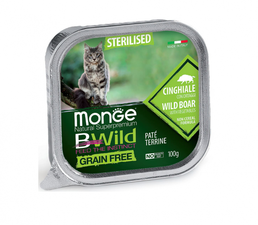 Консервы Monge беззерновые для взрослых стерилизованных кошек, из кабана с овощами в паштете, 100 гр.