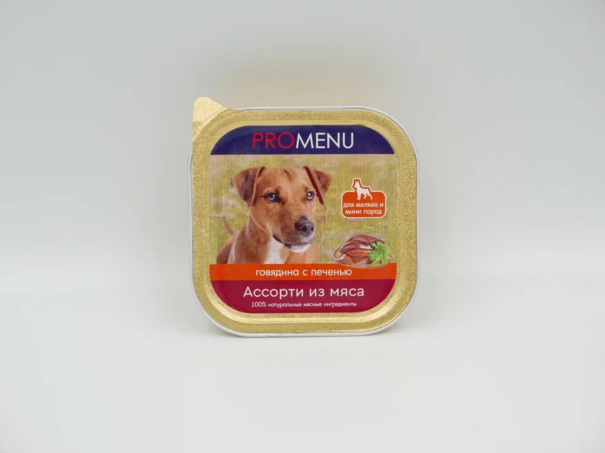 Влажный корм PRO MENU для собак, ассорти из мяса говядины и печени, 100 г