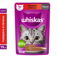 Влажный корм для кошек WHISKAS паштет с говядиной и печенью, 75г