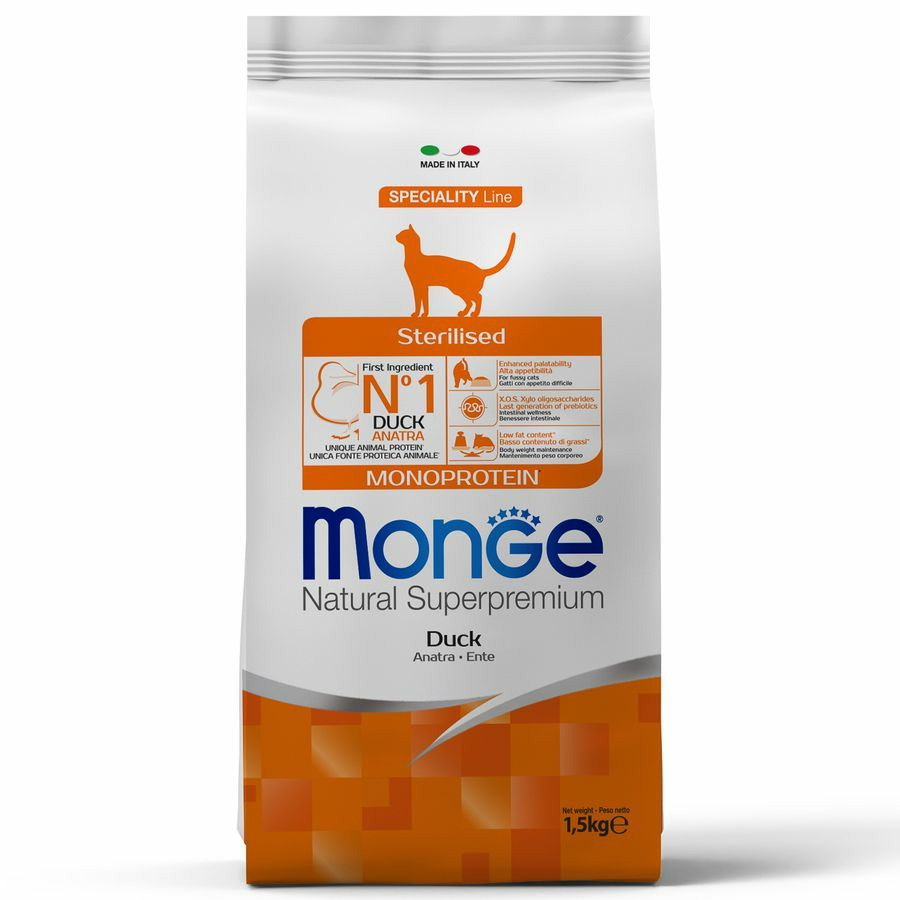 Корм сухой Monge Cat Monoprotein для взрослых стерилизованных кошек, с уткой, 1.5 кг