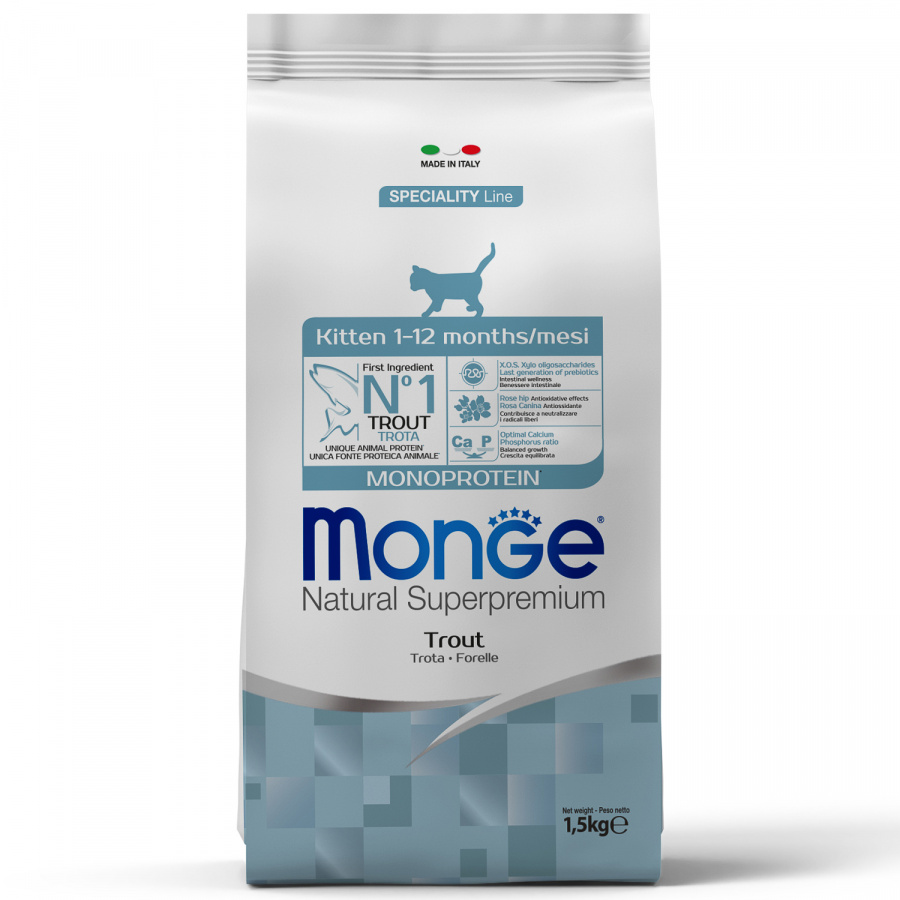 Корм сухой для котят Monge Cat Monoprotein с форелью, 1,5кг