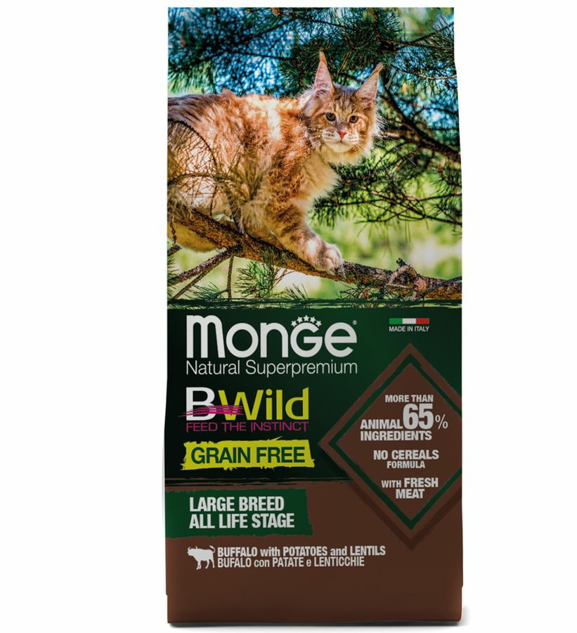 Корм сухой Monge Cat BWild GRAIN FREE для крупных кошек всех возрастов, с мясом буйвола, 10 кг