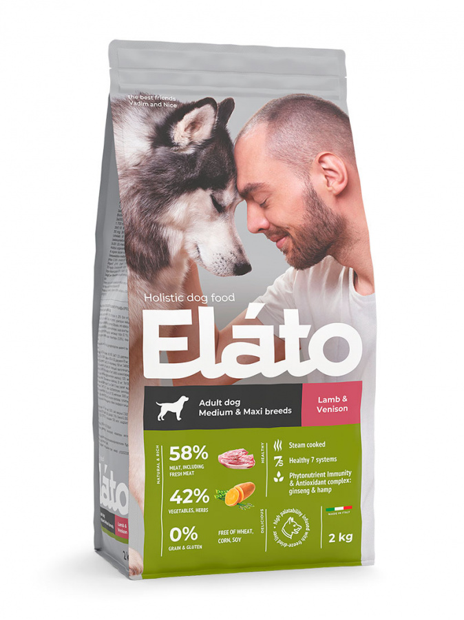 Корм сухой Elato Holistic для взрослых собак средних и крупных пород,  с ягненком и олениной 2 кг