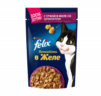 Влажный корм Felix Sensations для взрослых кошек, с уткой в желе со шпинатом, 85 г.