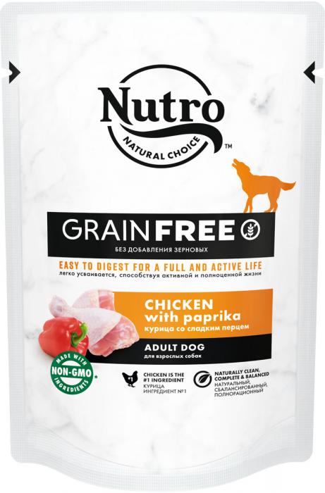 Влажный корм NUTRO для взрослых собак всех пород, с курицей и сладким перцем, 85 г