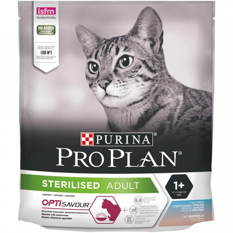 Корм сухой Purina Pro Plan Sterilised OptiSavour Adult для взрослых стерилизованных кошек, c треской и форелью, 400 г