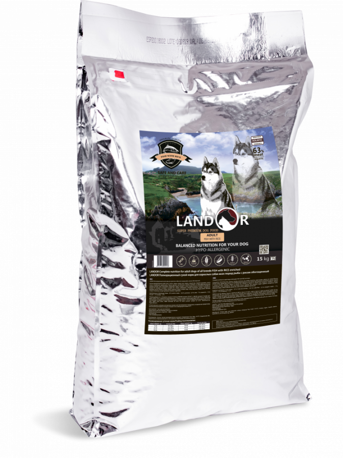 Корм сухой Landor для собак всех пород с рыбой и рисом 15 кг