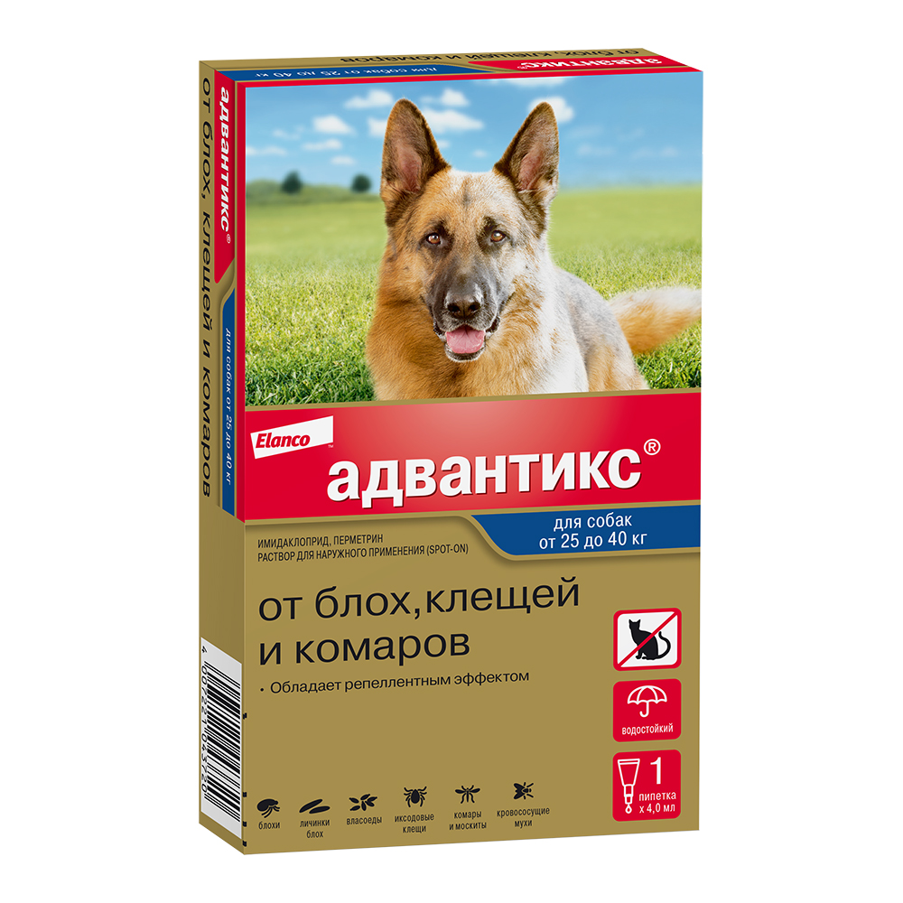 Капли на холку для собак более 25 кг Адвантикс от блох, клещей и комаров 1 пипетка 4 мл