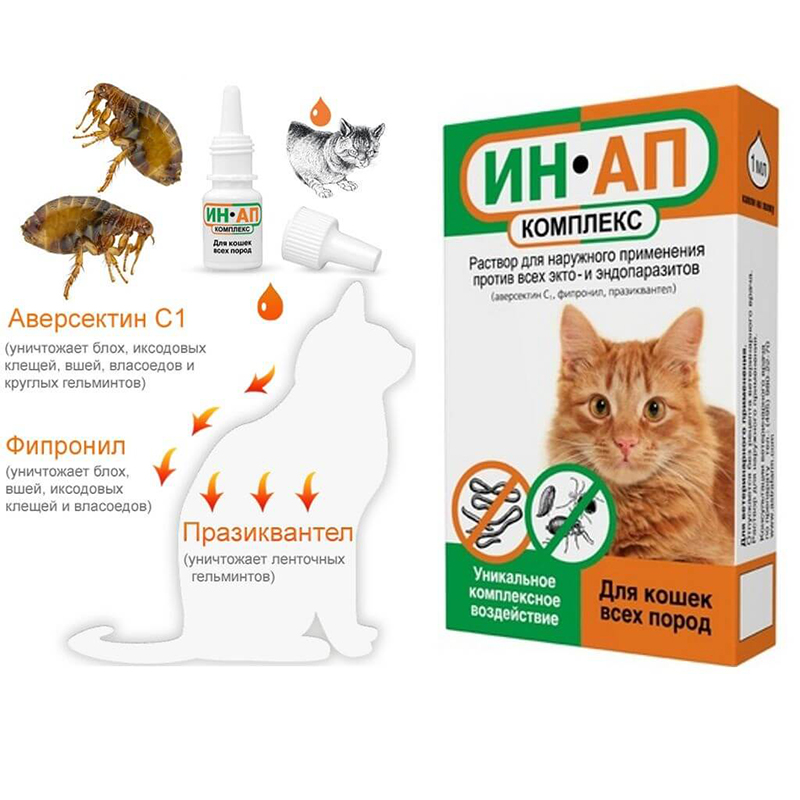 Капли ИН-АП Комплекс для кошек, для лечения от блох, клещей и  гельминтов 1 мл