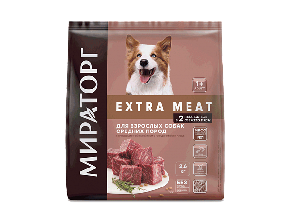 Сухой корм EXTRA MEAT для взрослых собак средних пород, с говядиной Black Angus 2,6 кг