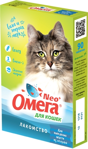 Лакомство мультивитаминное  Омега Neo+ для кошек, с солодом профилактика выведения шерсти 90 таб