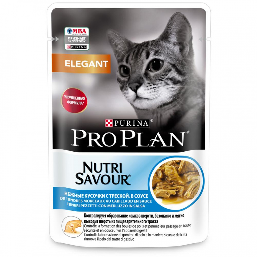 Влажный корм Pro Plan Nutri Savour Elegant для взрослых кошек с чувствительной кожей, с треской, в соусе 85 г