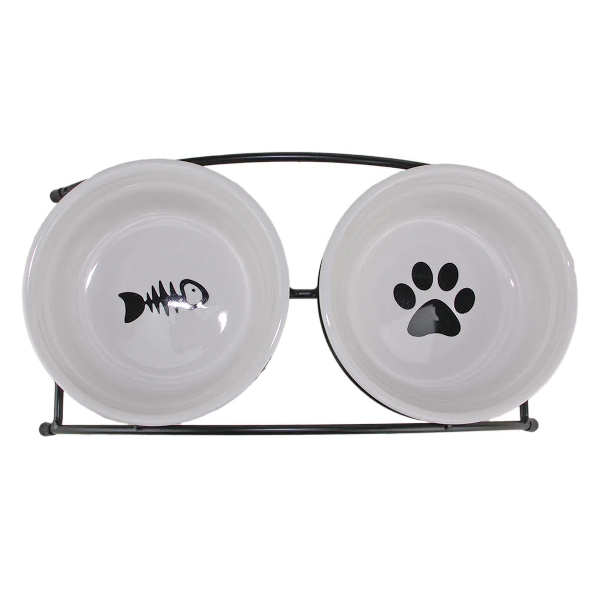 Подставка с керамическими мисками для собак и кошек "Лапка и рыбка" 2 х 0,31 л
