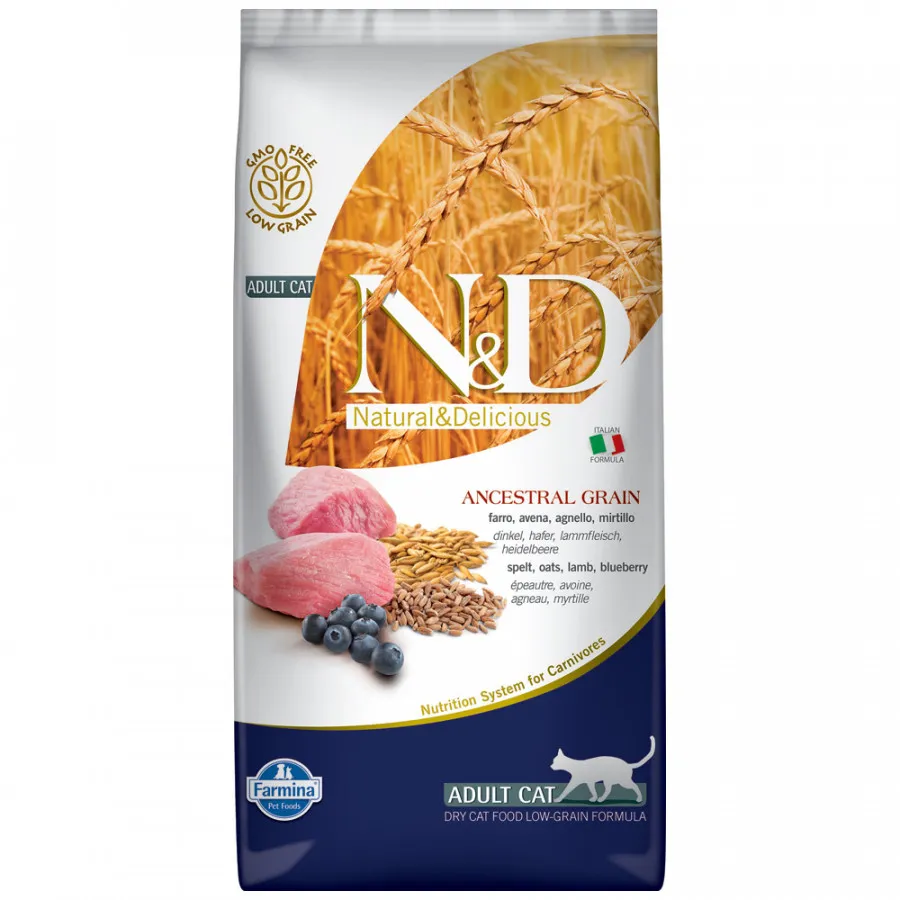 Корм сухой Farmina N&D Ancestral Grain Adult низкозерновой для взрослых кошек, с ягнёнком, черникой, овсом и спельтой 1,5 кг